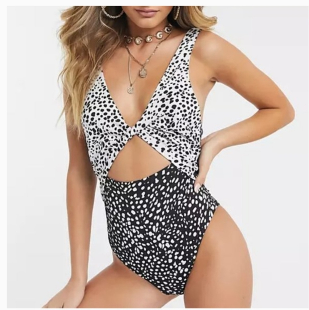 ASOS Twist Front High Leg Swimsuit in Spots and Dots